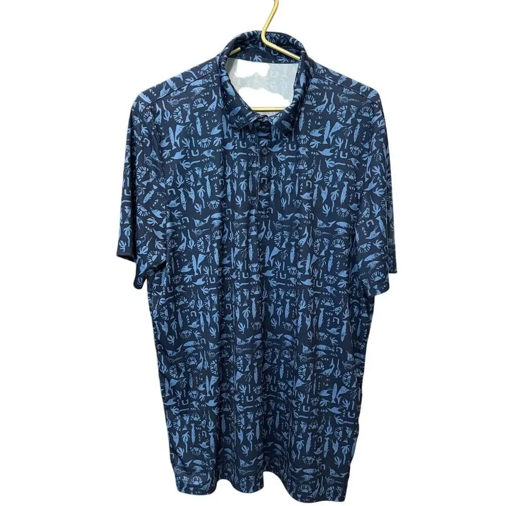 ✨ HUK Men XL Blue Performance Fishing Polo Shirt Fish Print Short Sleeve EUC 🎣